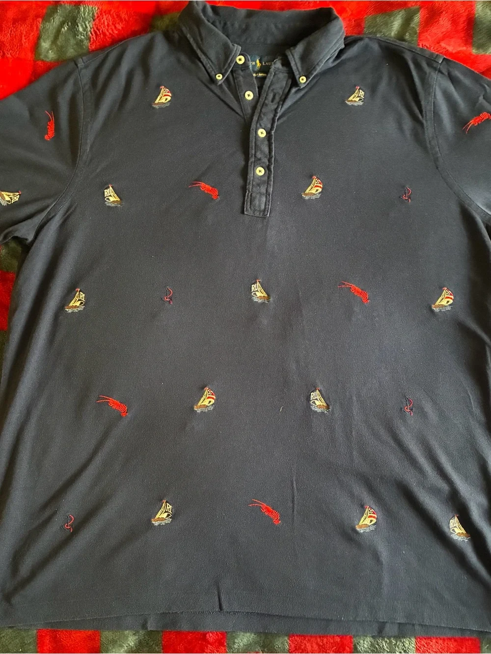 Ralph Lauren Navy Polo with Red Lobster & Yellow Sailboat Embroidery